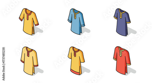 Colorful isometric traditional tunics with shadows on white background