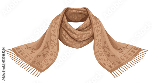 Elegant patterned scarf with tassels on white background