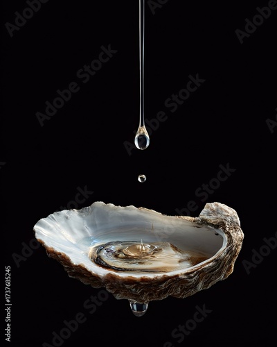 Wallpaper Mural A single oyster shell rests on a black background, catching drips of clear liquid.  The shell's interior reflects light, and several droplets are suspended in mid-air Torontodigital.ca