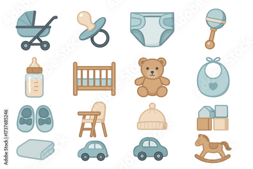 Cute baby essentials collection including toys, clothes, and accessories