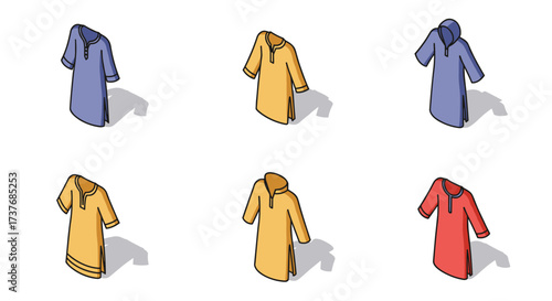 Isometric traditional clothing set with shadows in multiple colors