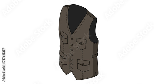 Stylish brown waistcoat with pockets and button detail in isometric design
