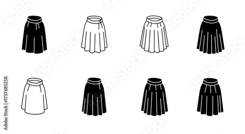 Minimalist skirt icons set: simple linear black and white fashion designs