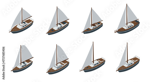 Isometric sailing boats set with multiple angles for nautical design projects