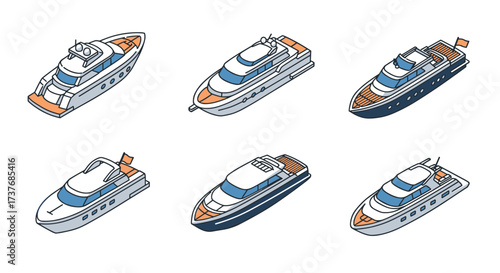 Isometric yacht collection set against a white background with blue and orange highlights