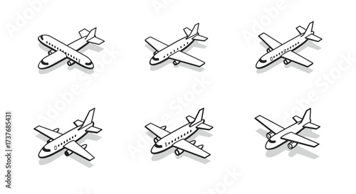 Isometric airplane set: black and white outline designs with shadow effects