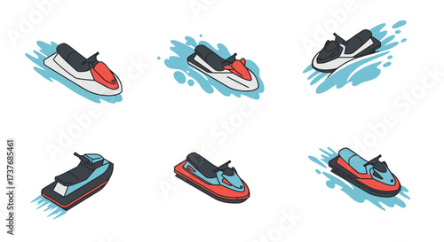 Isometric jet skis collection: dynamic watercraft designs with splash effects