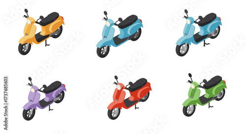 Isometric set of colorful scooters in various shades on white background