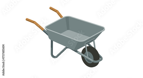 Gray wheelbarrow with wooden handles on white background