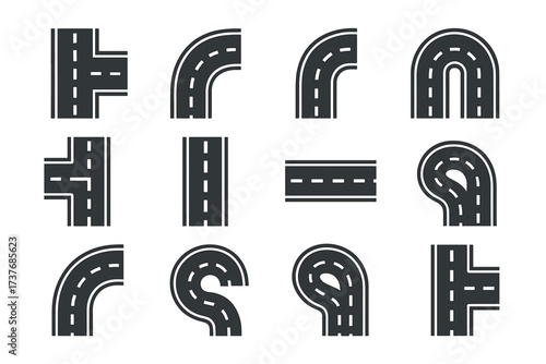 Set of various road shapes and curves on a white background