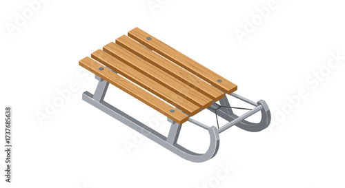 Wooden sled isometric design with metal runners on white background