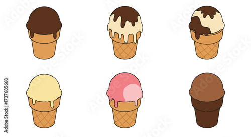 Variety of ice cream cones with chocolate, vanilla, and strawberry toppings