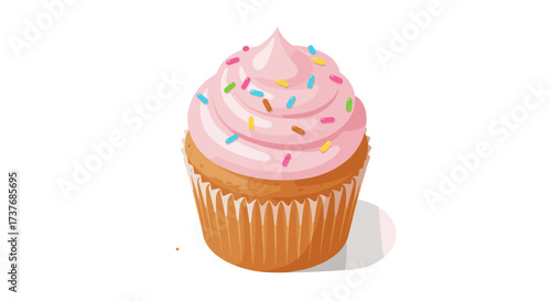 Delicious pink frosted cupcake with colorful sprinkles on white background
