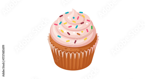 Delicious cupcake with pink frosting and sprinkles on white background