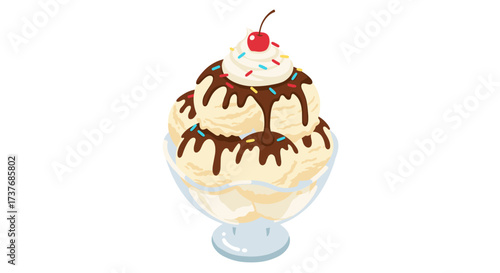 Delicious ice cream sundae with chocolate and sprinkles in glass cup