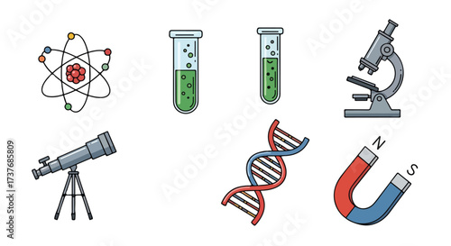Scientific Research Icons Atom Test Tubes Microscope Telescope DNA Magnet Science and Discovery Clipart Set