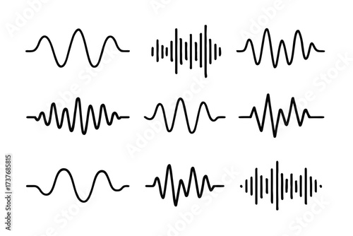 Set of nine minimalist black sound waveforms on white background