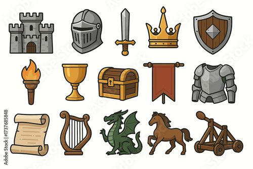 Medieval icons set with castle, armor, sword, shield, crown, and more
