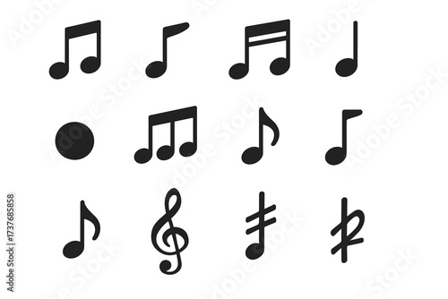 Variety of musical symbols and notes in black icon set