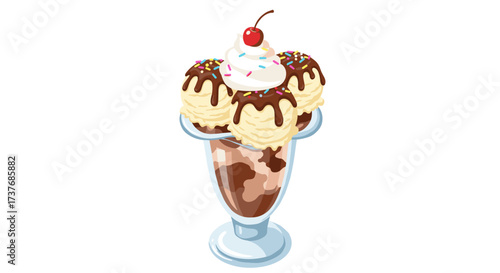 Isometric ice cream dessert with chocolate and cherry topping
