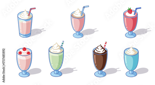 Colorful set of cute milkshakes in various flavors with decorative toppings and straws