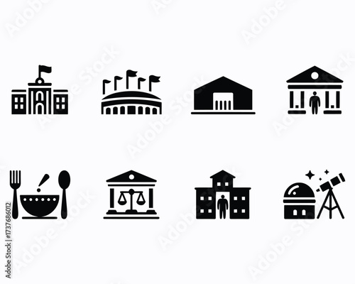 Diverse Institutional and Cultural Icons Depicting Government Education Justice Dining Astronomy and Sports Symbolizing Society's Multifaceted Pillars of Knowledge and Activities