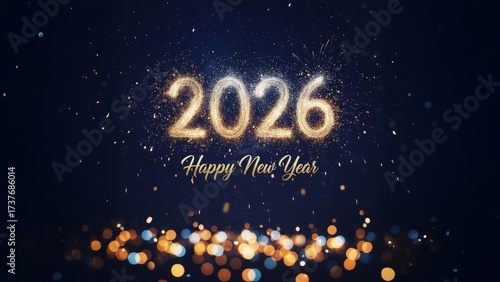 A festive Happy New Year 2026 greeting card. Gold and silver confetti and streamers fall on a dark blue background, creating a celebratory and elegant design.