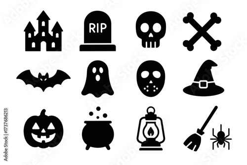 Halloween icons: haunted castle, headstone, skull, crossbones, bat, ghost, mask, witch hat, jack-o'-lantern, cauldron, lantern, broom, spider