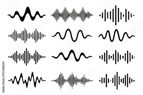 Set of black sound waves and equalizer patterns in various styles