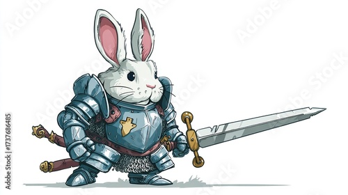 Cartoon rabbit in shining armor, holding sword, a whimsical fantasy character illustration with bright white fur