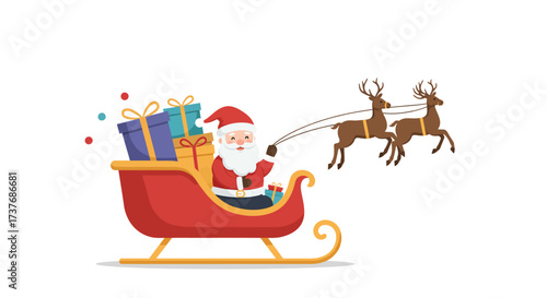 Santa Claus Flying Sleigh with Reindeer and Christmas Gifts.