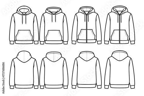 Front and back views of hoodies with zipper and pullover designs