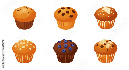 Assorted muffins with toppings on white background