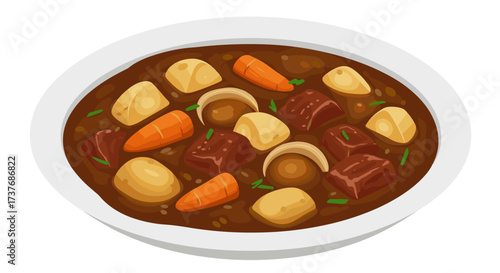 Delicious bowl of stew with vegetables and meat in a rich brown sauce