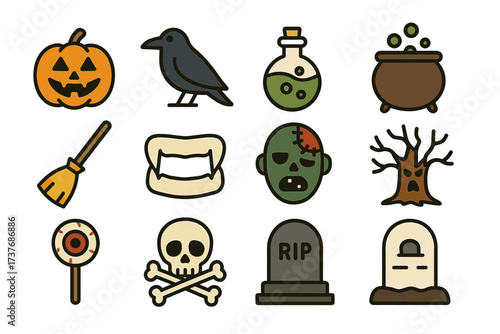 Colorful halloween icons featuring pumpkin, zombie, and witch elements