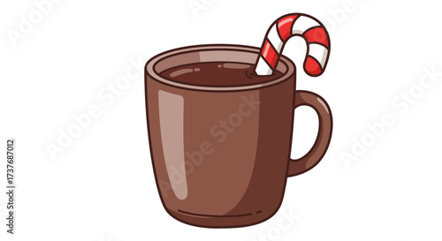 Hot chocolate mug with candy cane illustration.