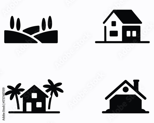 Collection of Diverse House and Landscape Icons Depicting Real Estate, Nature, and Home Ownership Representing Property, Scenery, Dwellings, and Environmental Features