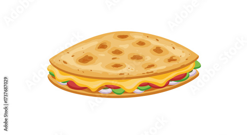 Colorful taco sandwich with cheese and vegetables on a white background
