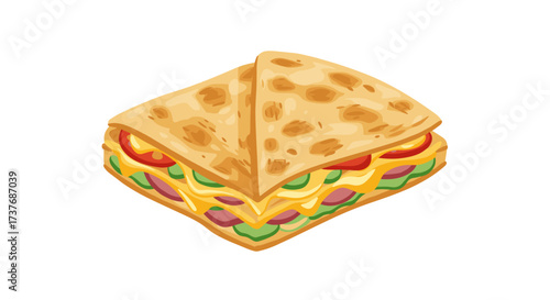 Realistic layered quesadilla with melted cheese and vegetables