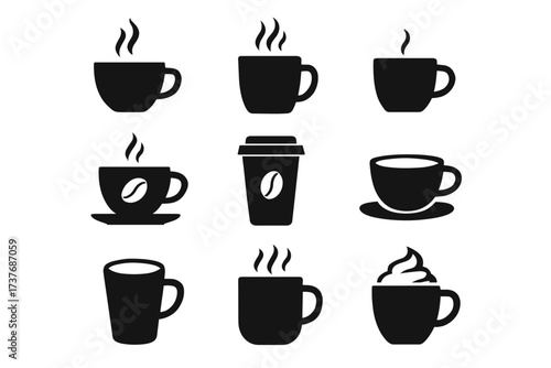 Collection of coffee cup icons with various designs and styles