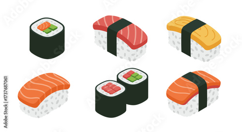Isometric sushi set featuring nigiri and maki variations on white background