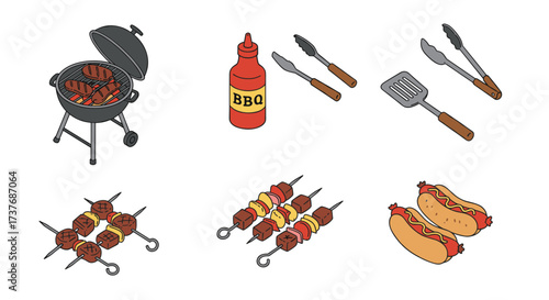 Summer bbq essentials: grilling tools, sauces, and delicious meats in a colorful collection
