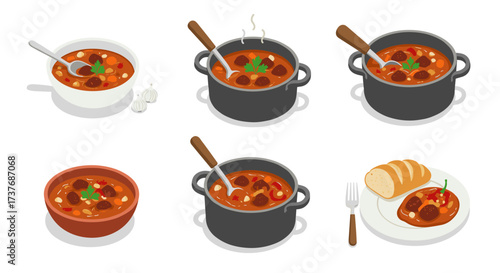 Delicious hearty soup with meatballs in bowls and pots: warm comfort food
