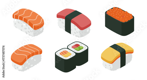 Isometric sushi collection featuring nigiri and maki rolls