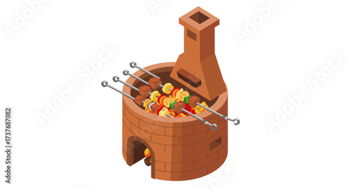 Isometric tandoor grill with skewered meat and vegetables
