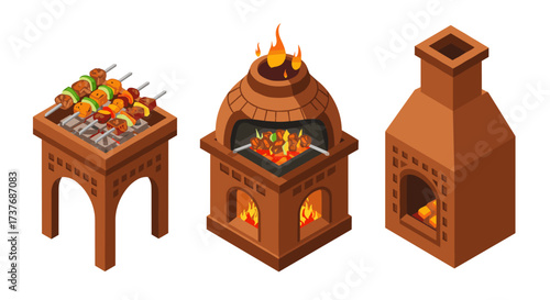 Isometric outdoor grills and ovens: bbq, pizza oven, and fireplace designs