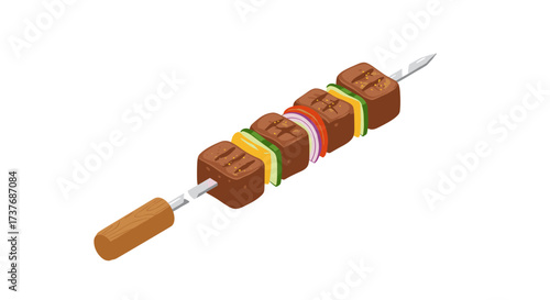 Isometric grilled skewered cubes with vegetables on wooden handle