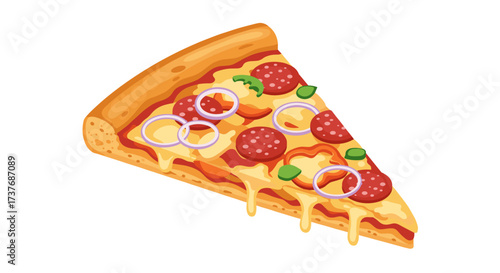 Delicious slice of pepperoni pizza with melting cheese and toppings