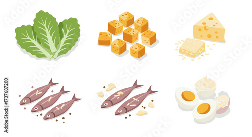 Isometric healthy ingredients: leafy greens, cheese, tofu, fish, and eggs