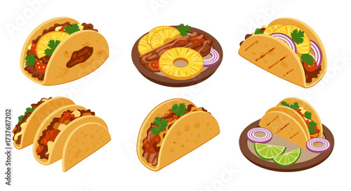 Variety of mexican tacos and pineapple topping in colorful flat style